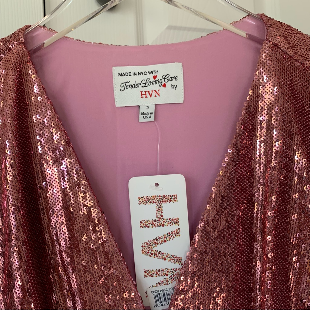 Hvn Paula Deep V Neck Sequin Puff Sleeve Midi Dress Pink — image 8 of 8
